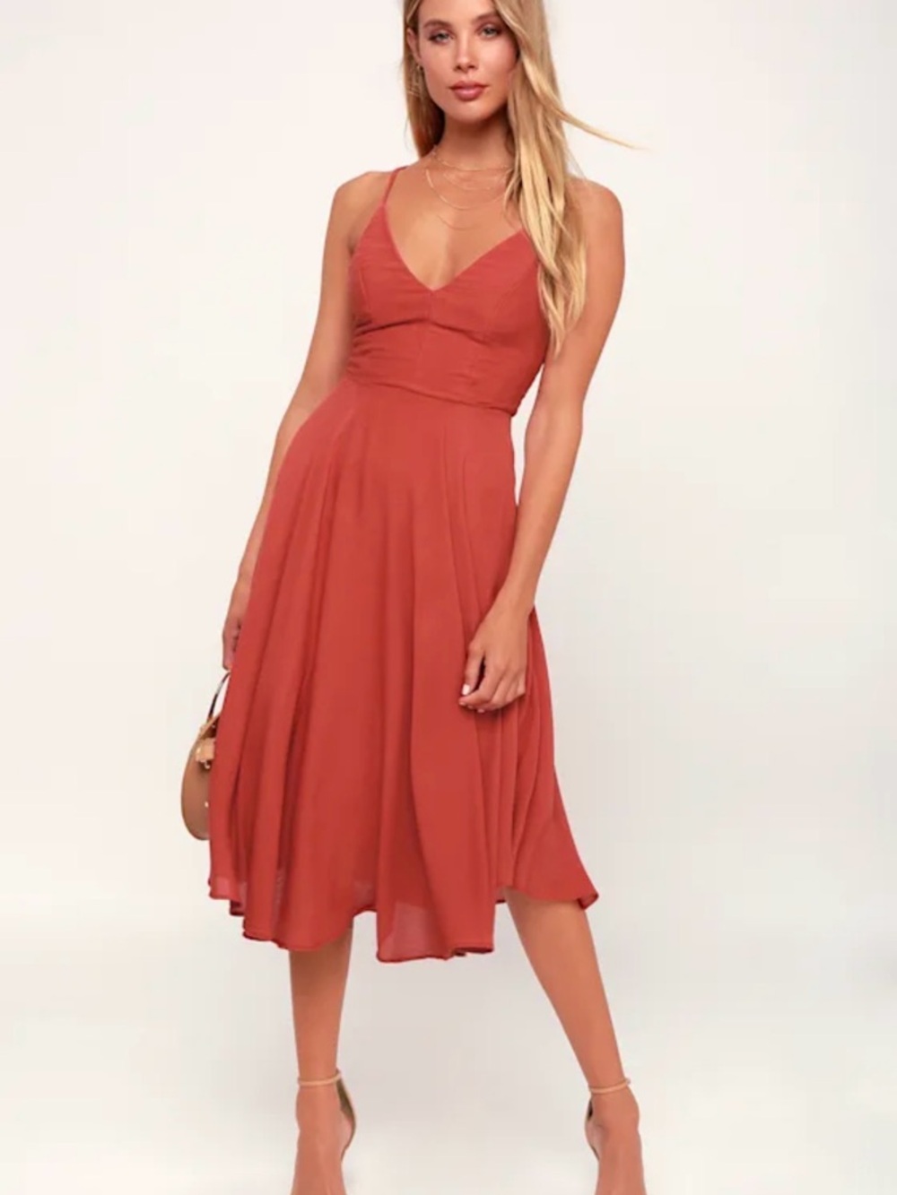 Lulu's 100% Rayon Troulos Rust Red Lace-Up Midi Dress